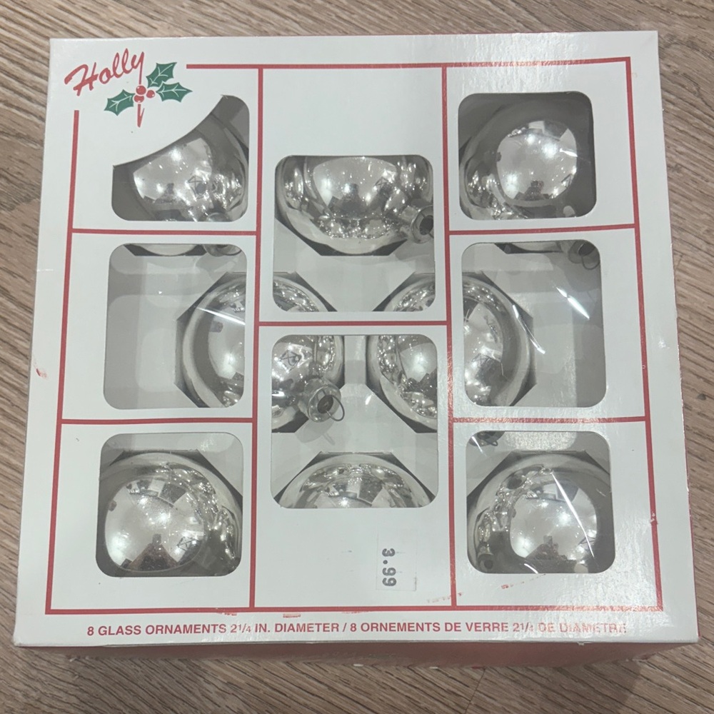 Vintage Holly Silver Glass Christmas Ornaments Set of 8 American Made Boxed‎
